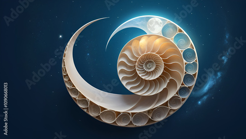 Dream of a different full moon, moon becoming a nautilus or a shell, imaginary moon, illustration, art, ai, digital, beautiful moon, card photo