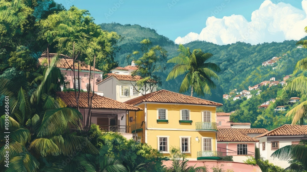 Fototapeta premium Vibrant Tropical Landscape Featuring Colorful Houses at the Base of Lush Green Mountains in a Scenic Coastal Environment