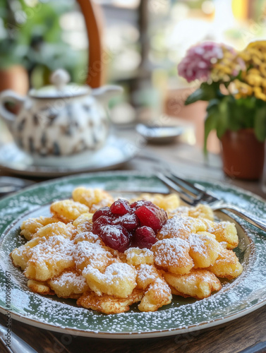 Argentinian torta frita with a golden, crispy texture, served with a sprinkle of powdered sugar and mate tea photo