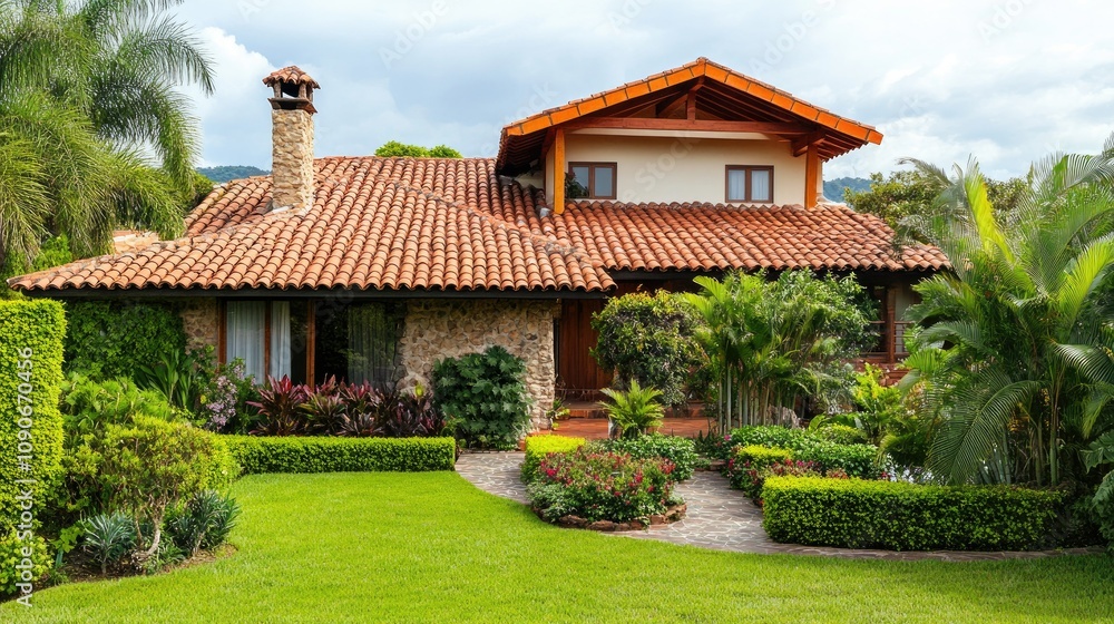 Fototapeta premium Charming rustic house surrounded by lush greenery and colorful flowers, featuring a tiled roof, stone walls, and well-manicured garden in a peaceful outdoor setting