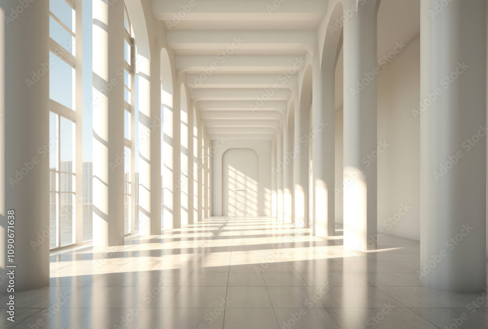 Fototapeta premium Bright and Spacious Modern Interior with Columns and Large Windows Creating a Serene Atmosphere Ideal for Architecture or Interior Design Projects