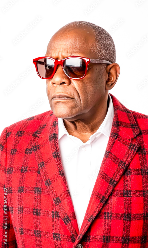 Obraz premium Confident Man in Stylish Red Plaid Jacket and Sunglasses