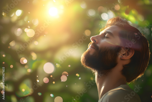 Man doing breathing exercises with closed eyes, relaxing on nature. Calm boy enjoying fresh air, meditation with breathing, healthy yoga. Deep breath through nose for brain. Copy space background