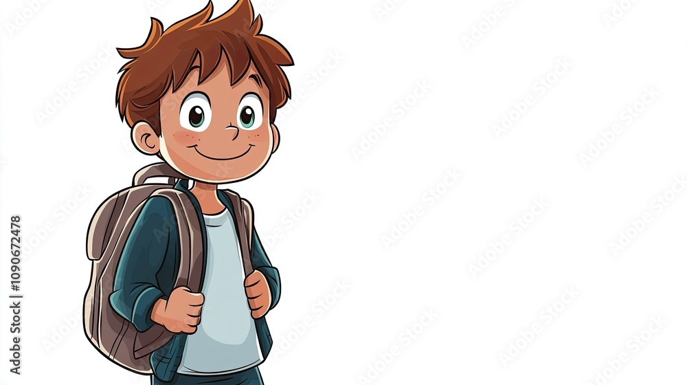 Happy young boy with a backpack smiling, cartoon character design, cheerful expression, bright colors, elementary school student, vibrant illustration for educational projects Happy young boy with a backpack smiling, cartoon character design, cheerful expression, bright colors, elementary school student, vibrant illustration for educational projects