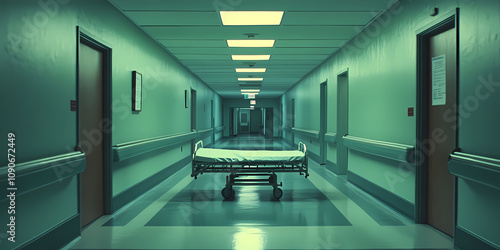 Empty gurney in a long hospital hallway evokes cinematic atmosphere. photo