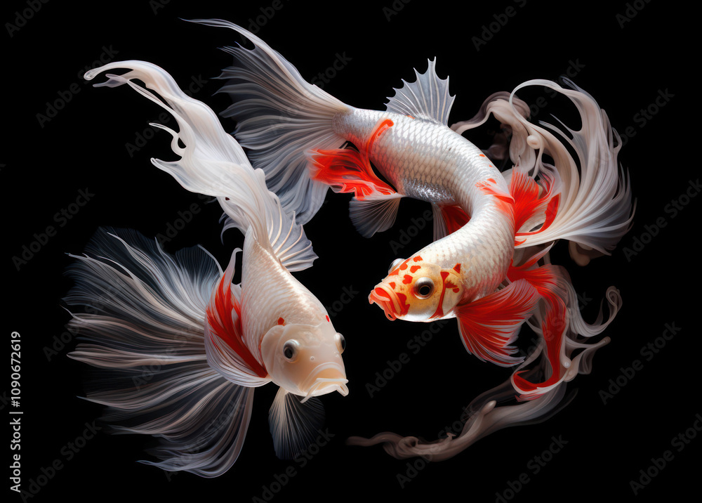Fototapeta premium Goldfish Swimming Gracefully in Dark Background, Featuring Beautiful Flowing Fins and Brightly Colored Patterns, Ideal for Aquatic or Nature Themes