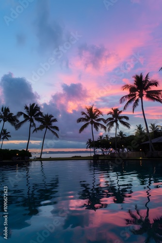 Tropical sunset with vibrant palm silhouettes and serene reflections


