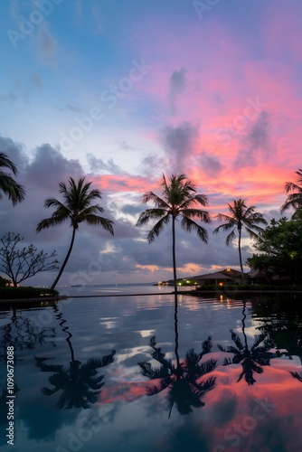 Tropical sunset with vibrant palm silhouettes and serene reflections

