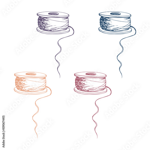 Thread bobbins spools skeins yarn. Hand drawn ink vector illustration sewing craft embroidery stitching supplies. Set of isolated objects on white background. Design atelier, tailor, hobby shop