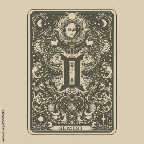 mystical gemini zodiak card tattoo artwork