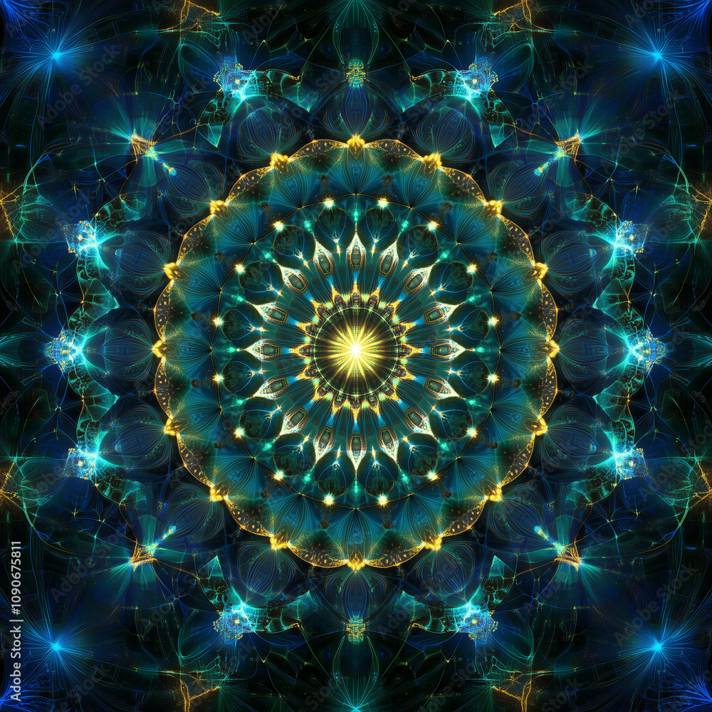Fototapeta premium Abstract glowing mandala design in blue and gold