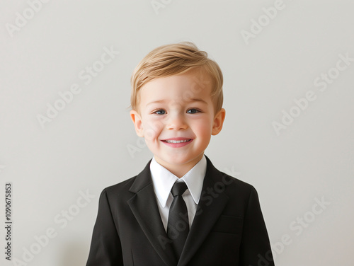 boy, portrait, suit, black, smile, child, young, curly, hair, professional, formal, adorable, cute, fashion, elegance, cheerful, playful, innocence, happy, confident, standing, stylish, tie, formalwea