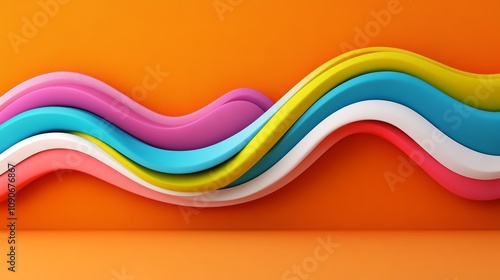 A colorful wave of shapes and colors on an orange background. The colors are bright and vibrant, creating a sense of energy and excitement. The wave appears to be moving