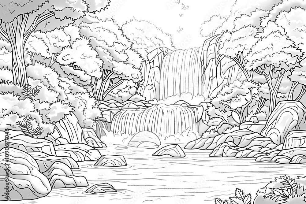 Naklejka premium A serene black and white illustration of a cascading waterfall surrounded by lush trees and rocky formations, inviting tranquility and creativity.