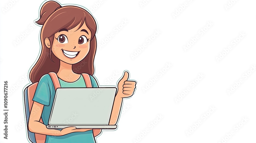 Cheerful Young Girl with Laptop and Backpack, Giving Thumbs Up, Perfect for Education, Study, or Online Learning Themes in a Bright Illustrative Style Cheerful Young Girl with Laptop and Backpack, Giving Thumbs Up, Perfect for Education, Study, or Online Learning Themes in a Bright Illustrative Style