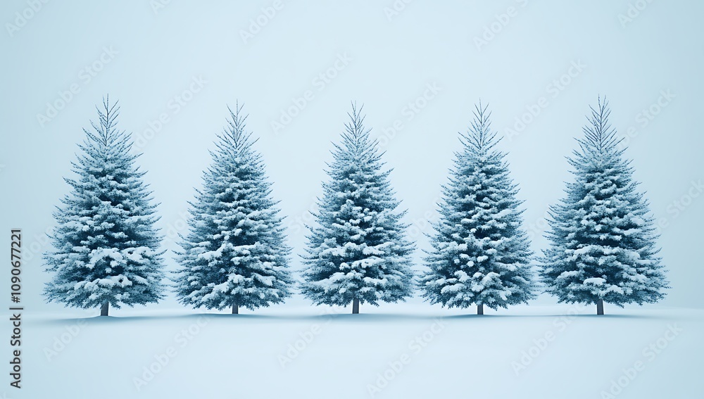 Fototapeta premium Minimalistic row of five snow-covered Christmas trees on a light blue background, perfect for New Year’s Day and holiday season themes, flat lay with copy space.