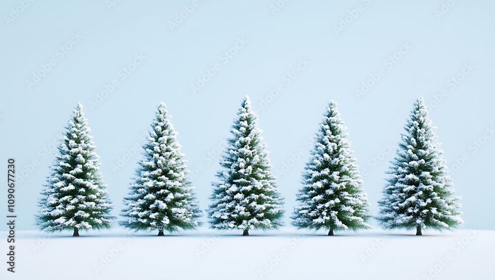Fototapeta premium Minimalistic row of five snow-covered Christmas trees on a light blue background, perfect for New Year’s Day and holiday season themes, flat lay with copy space.