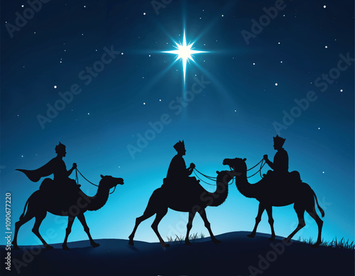 a vector illustration of a star above three kings riding a camel on a desert in a night starry sky