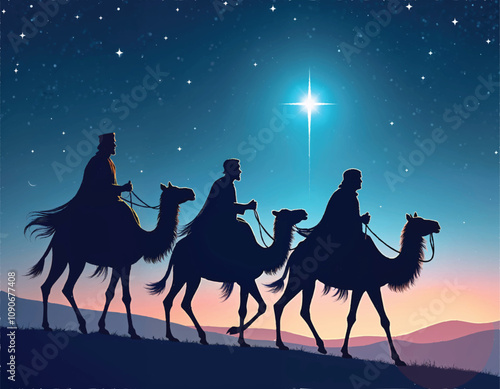 a vector of a nativity scene with three kings riding camels in desert with stars in the background