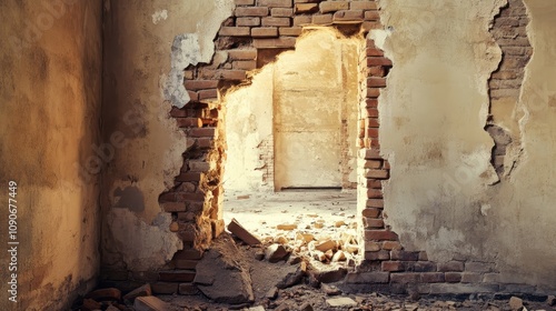 A broken wall revealing an empty room, showcasing decay and abandonment.