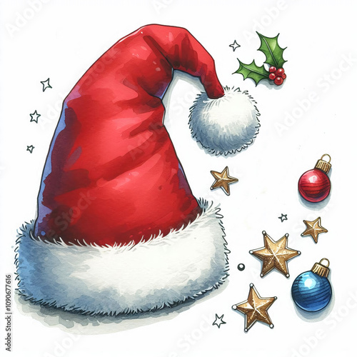 Festive, traditional Santa hat with holly, pine branches, berries on vintage background, representing Christmas holiday spirit concept