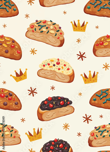 seamless pattern of rosca de reyes epiphany breads and golden crowns with fruits and sprinkles on it