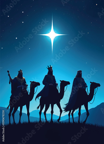vector silhouette of a nativity scene with the star of builder and the three kings riding camels