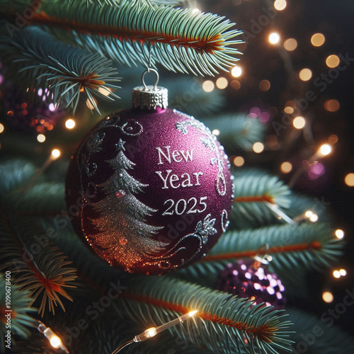 Name 2025 Christmas balls on Christmas tree branch, bocke lights.