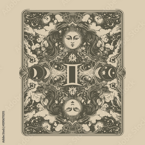 hand-drawn gemini ouija tarot tattoo design
