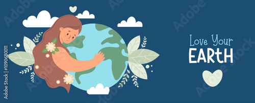 Woman mother with long hair hugs planet Earth on blue background. Horizontal eco friendly holiday poster. Concept Earth Day, Nature and environmental care. Vector illustration