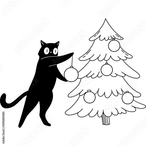 Cat Decorating the Christmas Tree
