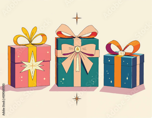 a vector drawing of epiphany colorful gift boxes with colorful ribbon and bow