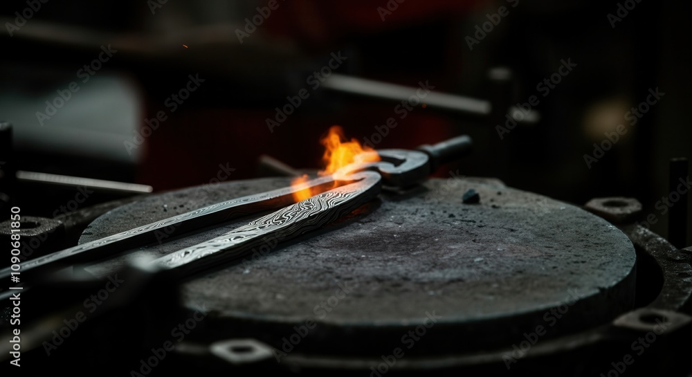 Obraz premium Artisan blacksmith forging intricate steel blade