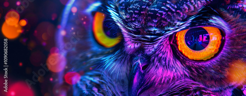 A striking neon-colored owl close-up with piercing orange eyes, blending wildlife and vibrant artistry for a unique visual experience
