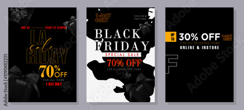 Black Friday banner template. Set of design templates for a Black Friday sale, promotion, advertising, or social media ad with a red balloon, stars, and a discount offer.
