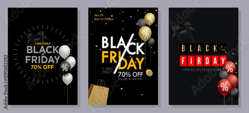Black Friday banner template. Set of design templates for a Black Friday sale, promotion, advertising, or social media ad with a red balloon, stars, and a discount offer.
