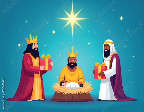 vector of a group of three kings and a baby jesus with stars in the blue background