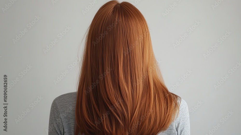 Fototapeta premium Beautiful model girl with orange hair strand,silky healthy chestnut wavy hair strand,hair wavy ribbon, with smooth,Keratin straightening,Treatment,straight long hair,procedures,Smooth hairstyle.