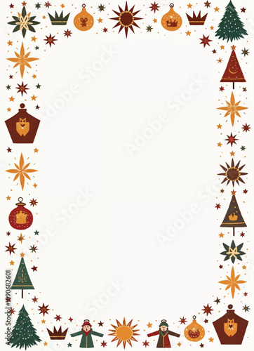 an epiphany card with christmas trees and a frame of colorful snowflakes and stars on it