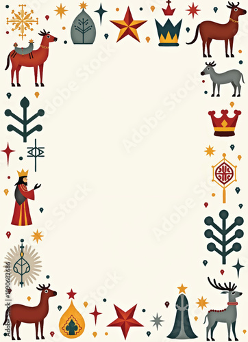 a vector poster for epiphany with frame of crowns, kings, floral elements and stars on it