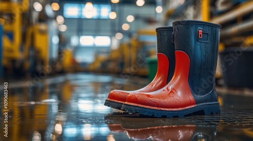 Red and Black Industrial Safety Boots in Wet Factory Setting photo