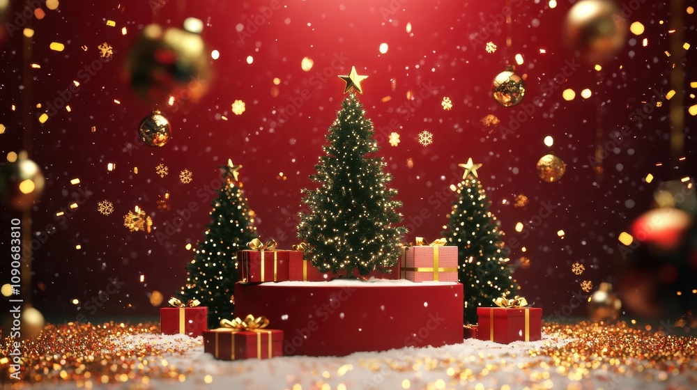 Obraz premium Christmas tree with white snowdrift,snowflakes,snow land,podium with bauble,Christmas theme stage podium mock up for product placement,Happy New Year. Celebrate party,Xmas Poster,web banner,festive.