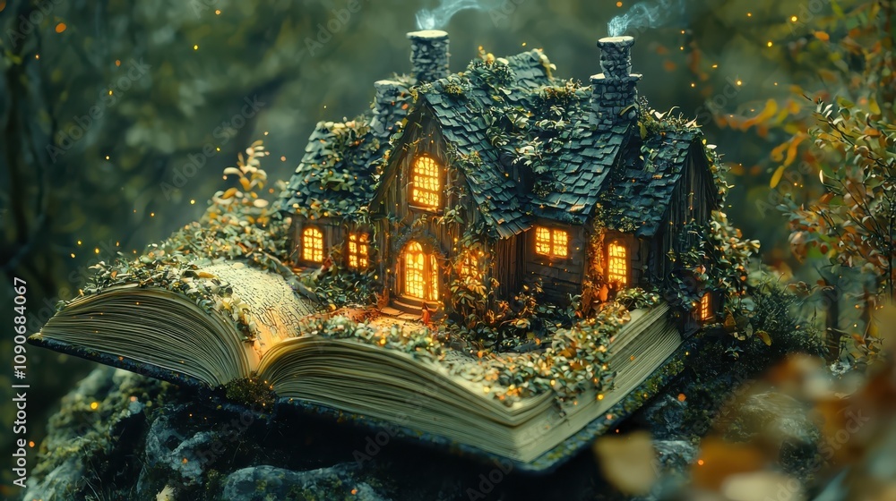 Fototapeta premium A surreal journey of a book that comes to life enchanted forest fantasy story magical realm whimsical perspective