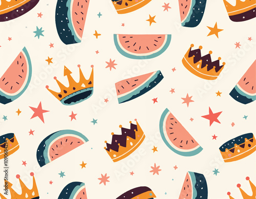 a seamless vector pattern with crowns and fruits with stars on beige background