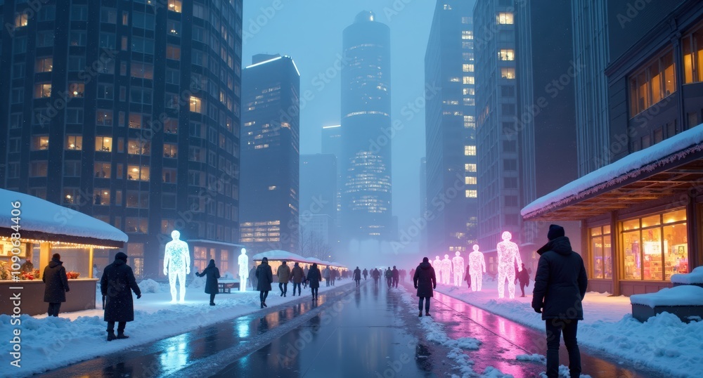Obraz premium A high-tech winter wonderland with neon-lit skyscrapers, glowing coats, and holographic figures. 
