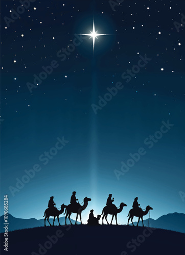 a poster for epiphany with a bright star of bethlehem and three kings riding camels on dark night