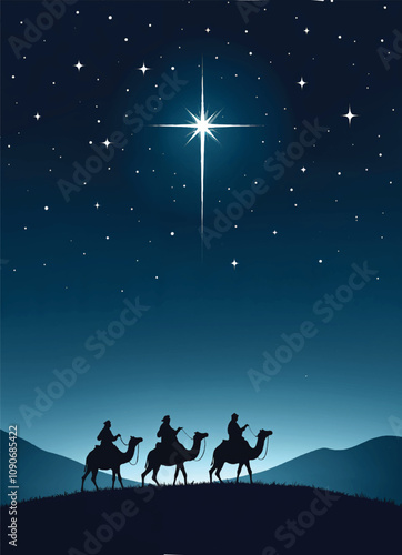 a poster for epiphany with a star of bethlehem and three kings riding camels on dark starry sky