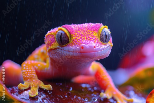 Vibrant gecko on a wet tropical branch in the rain - nature and wildlife photography photo