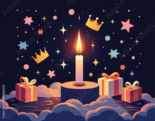 an epiphany card with a candle and floating crowns with stars and gift boxes on it