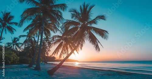 Serene beach sunset with tall palms and calm ocean waves